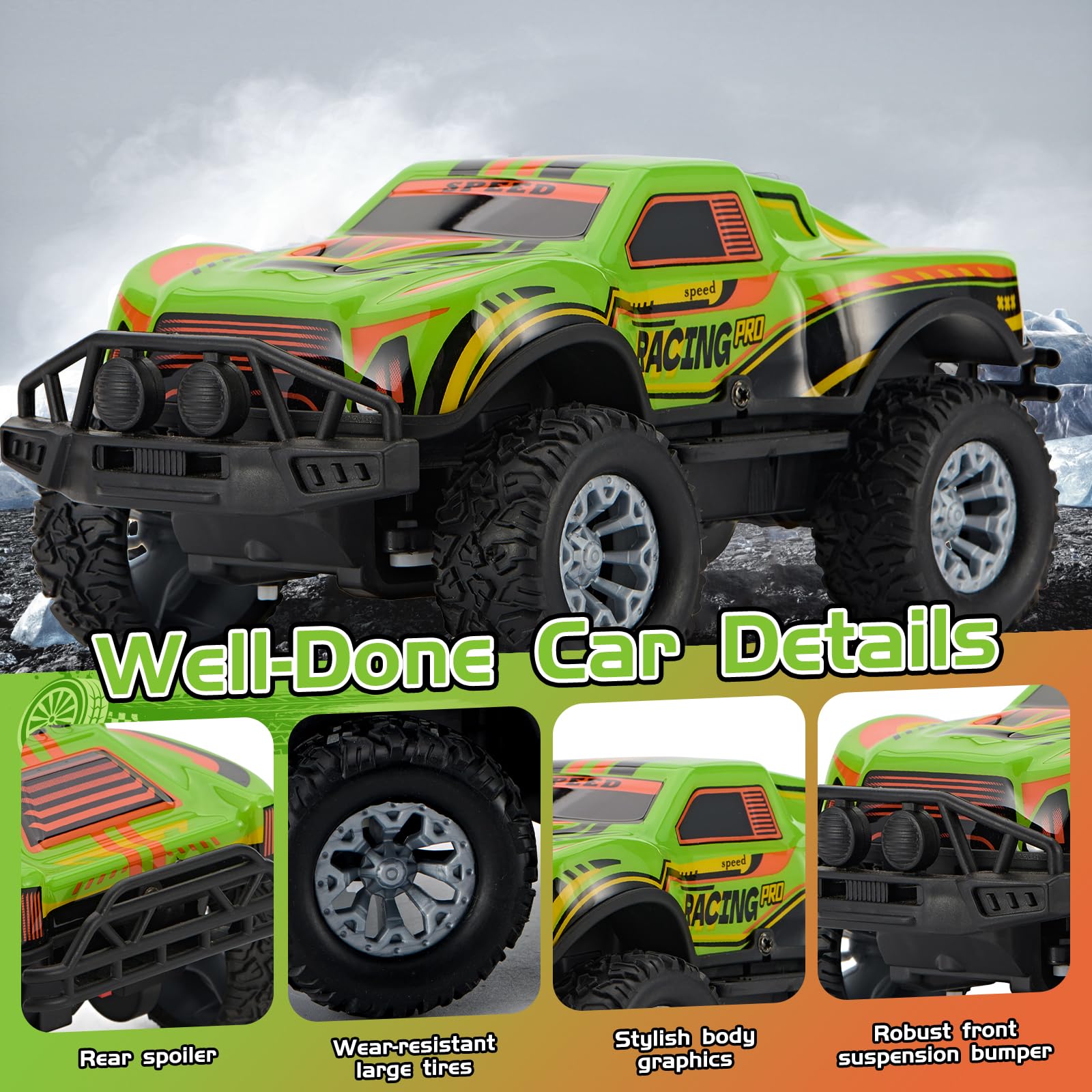 JOYBLI remote control off-road truck top view emphasizes compact size for easy storage.