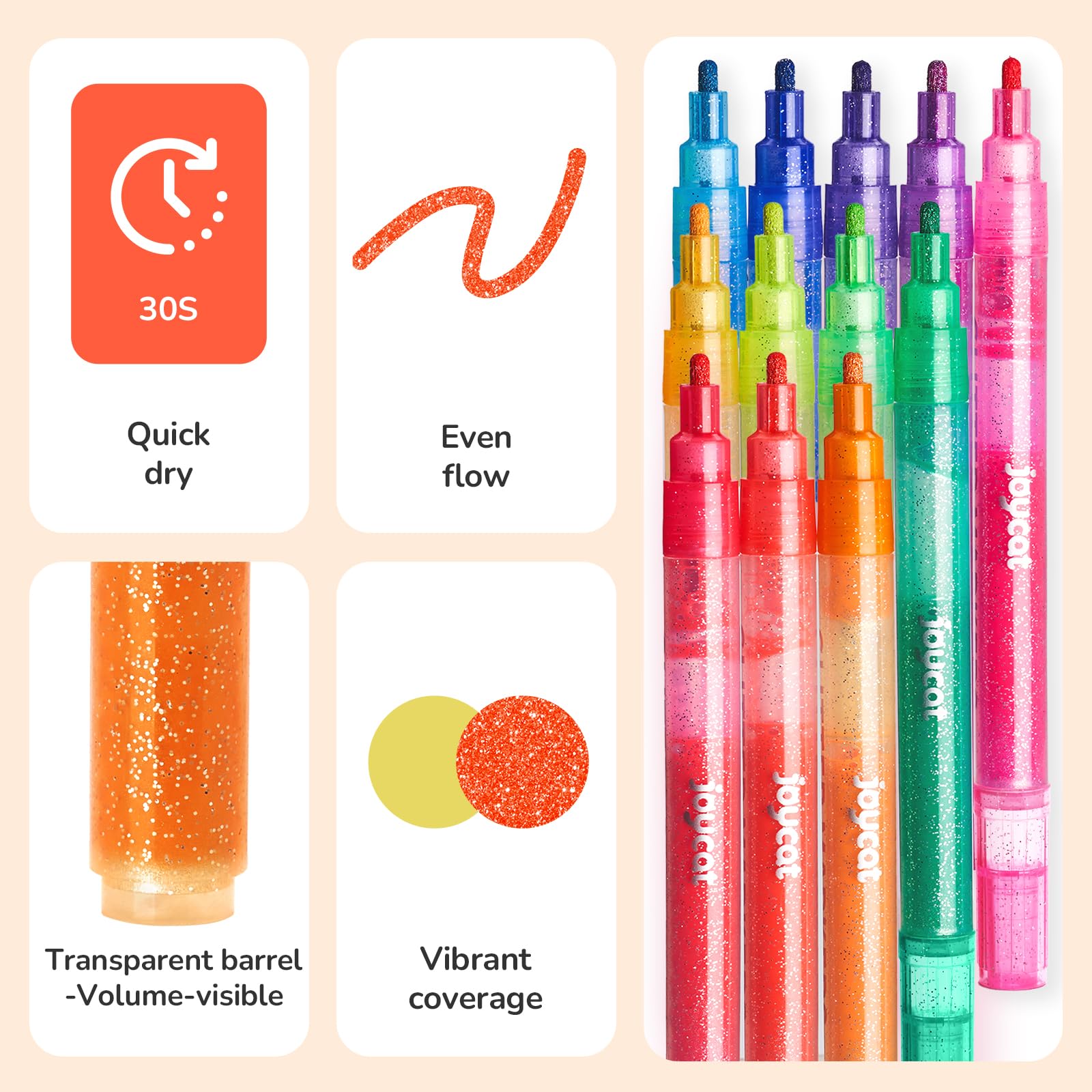 JoyCat 3mm glitter marker with anti-roll cap for easy use.