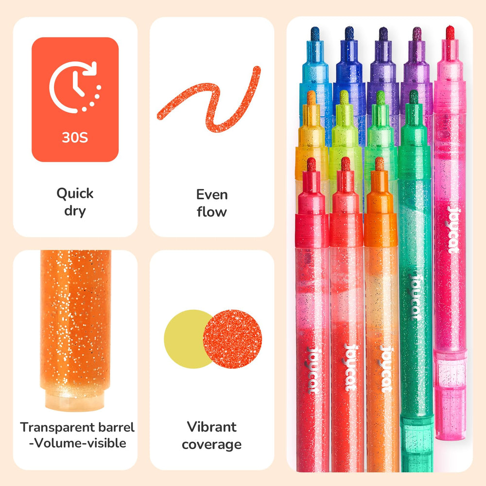 JoyCat 3mm glitter marker with anti-roll cap for easy use.
