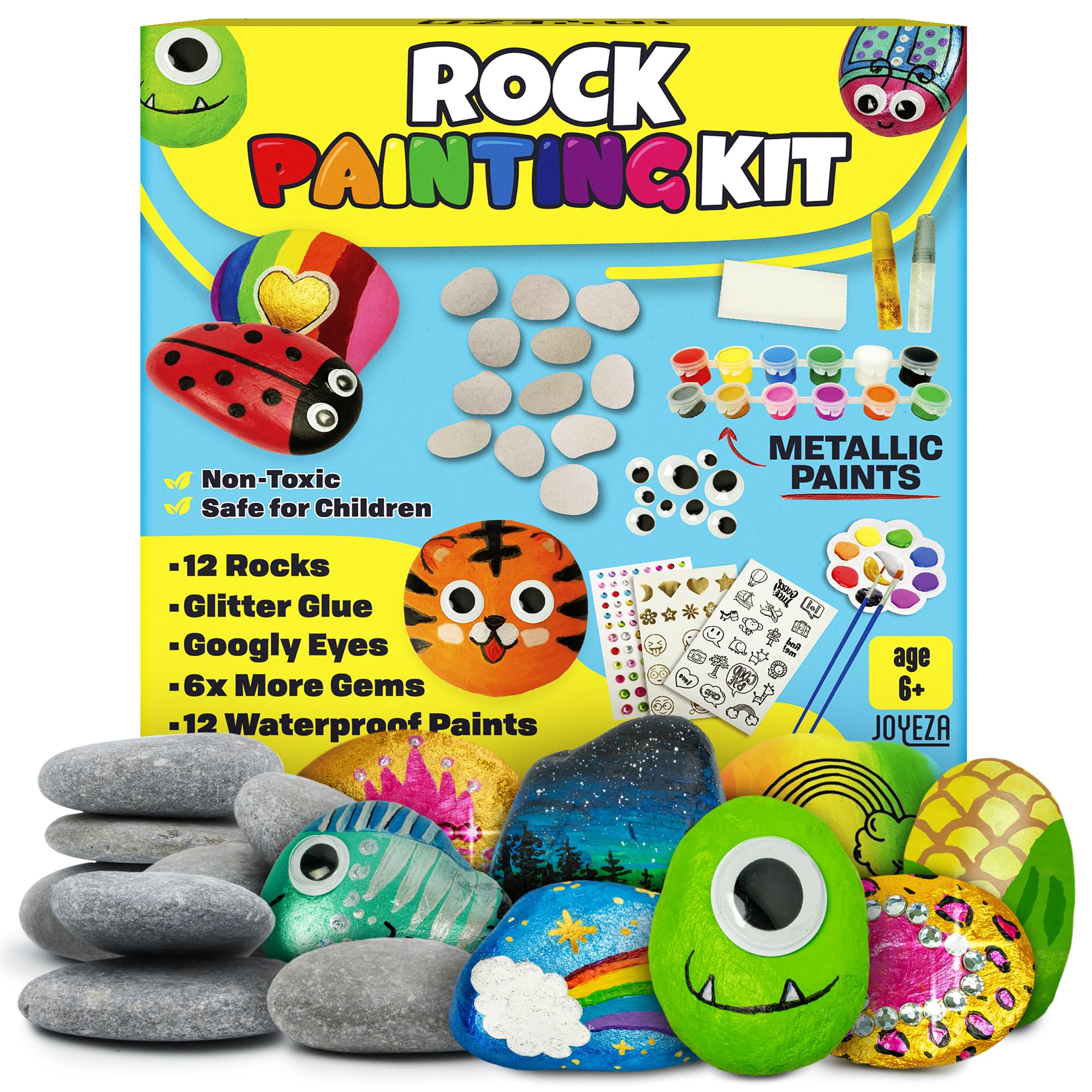 JOYEZA Rock Painting Kit Deluxe contents with rocks, paints, brushes for creative play