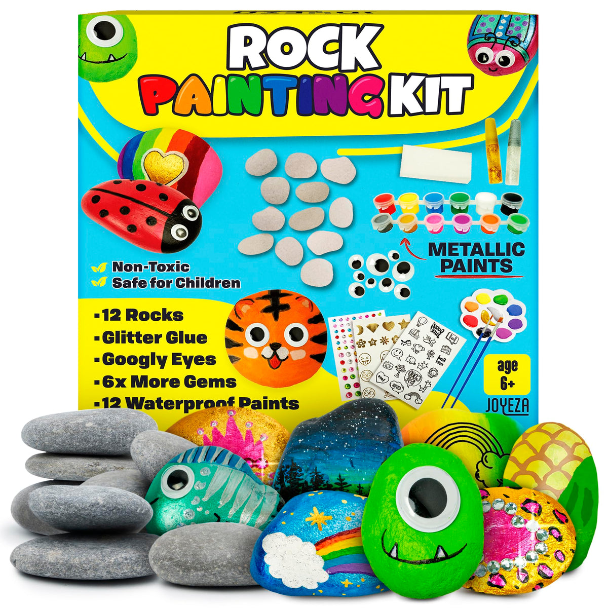 JOYEZA Rock Painting Kit Deluxe contents with rocks, paints, brushes for creative play