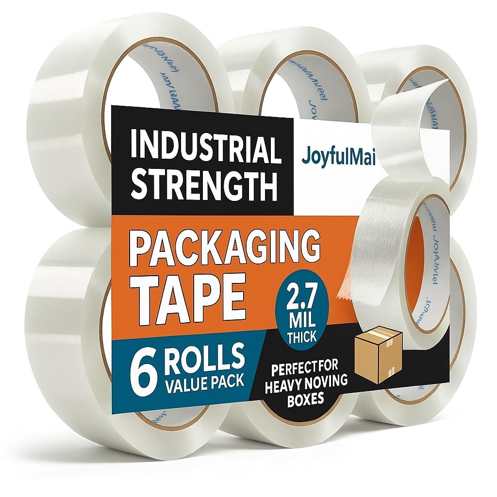 JoyfuIMaiMaiMai Clear Packing Tape roll 1 shows strong adhesive for secure shipping.