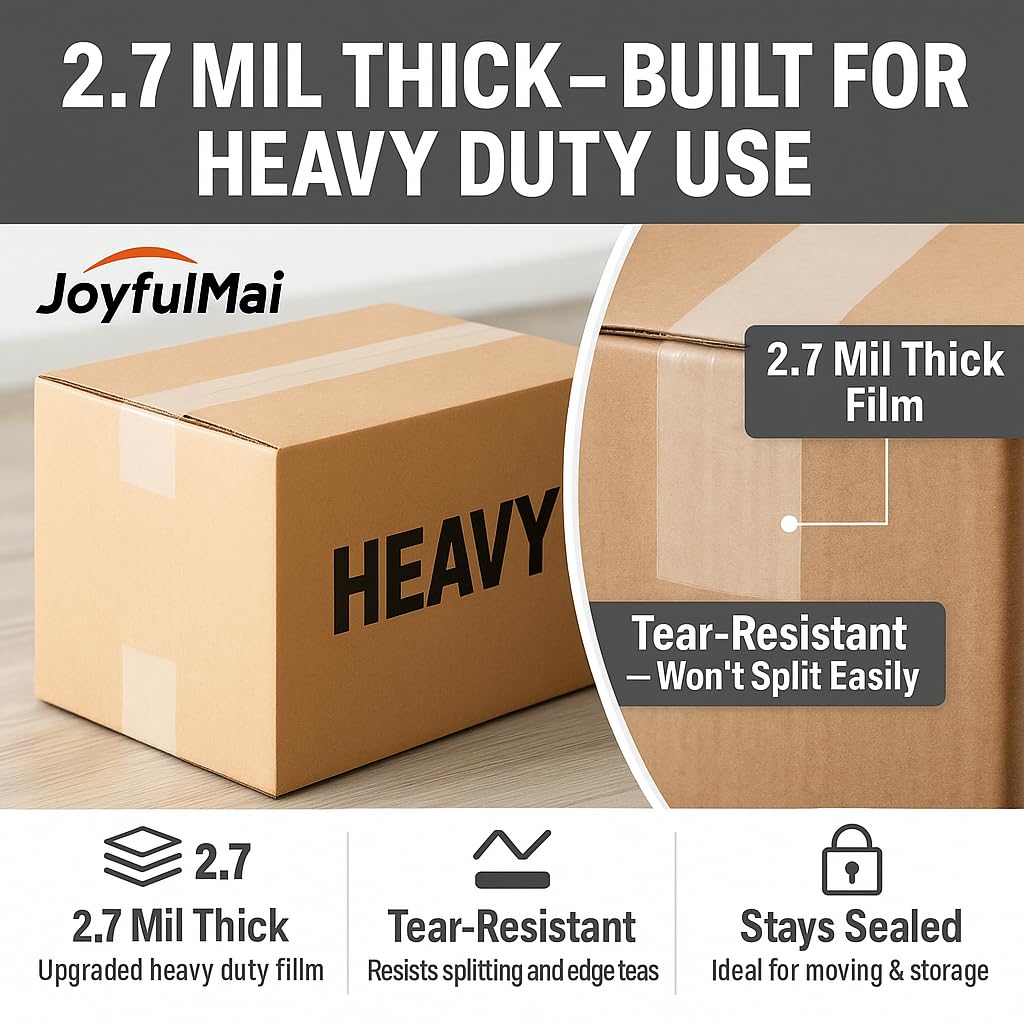 JoyfuIMaiMaiMai Clear Packing Tape roll 2 highlights thickness for tough sealing.
