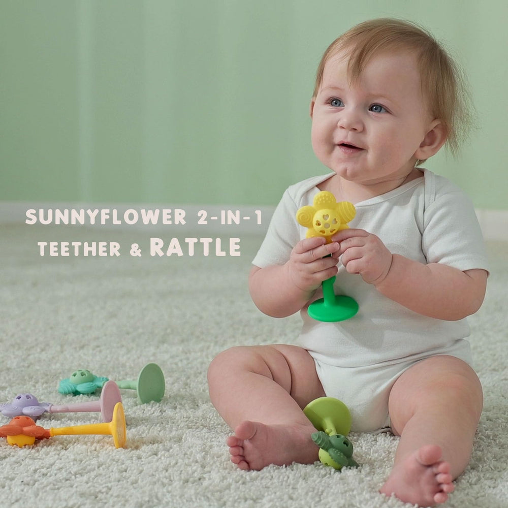 Joyfulia Sunnyflower teether shown as dishwasher-safe for easy cleaning.