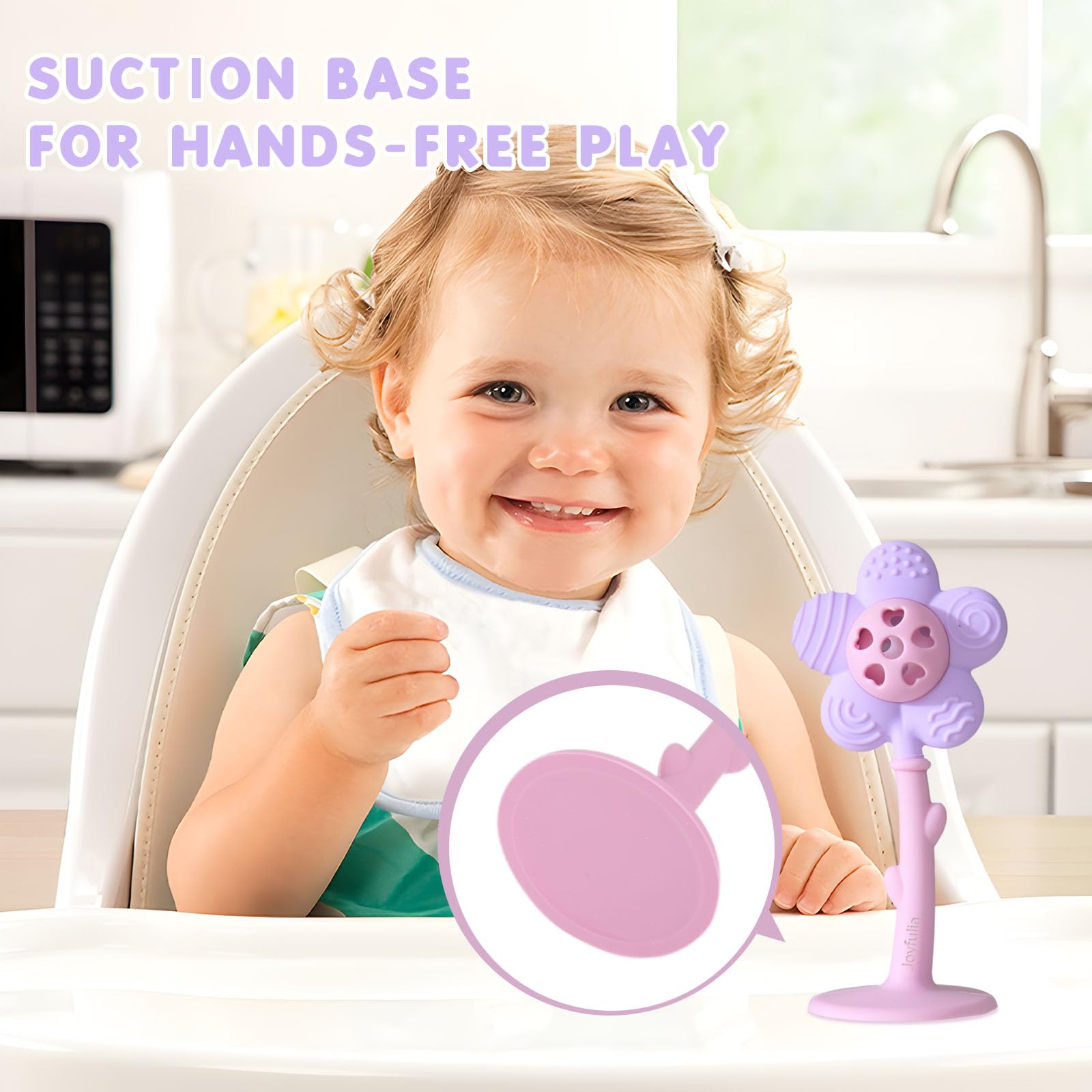 Joyfulia Sunnyflower teether with suction base attached to a flat surface.