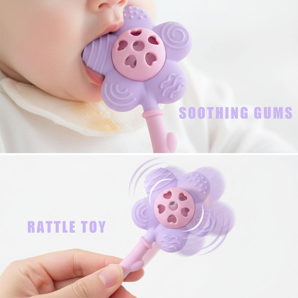 Joyfulia Sunnyflower teether close-up highlighting textured surfaces for gum massage.