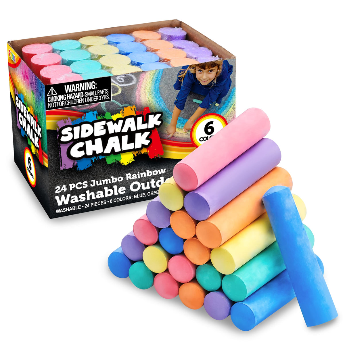 JOYIN 24-pack sidewalk chalks on pavement for outdoor art with vibrant colors.
