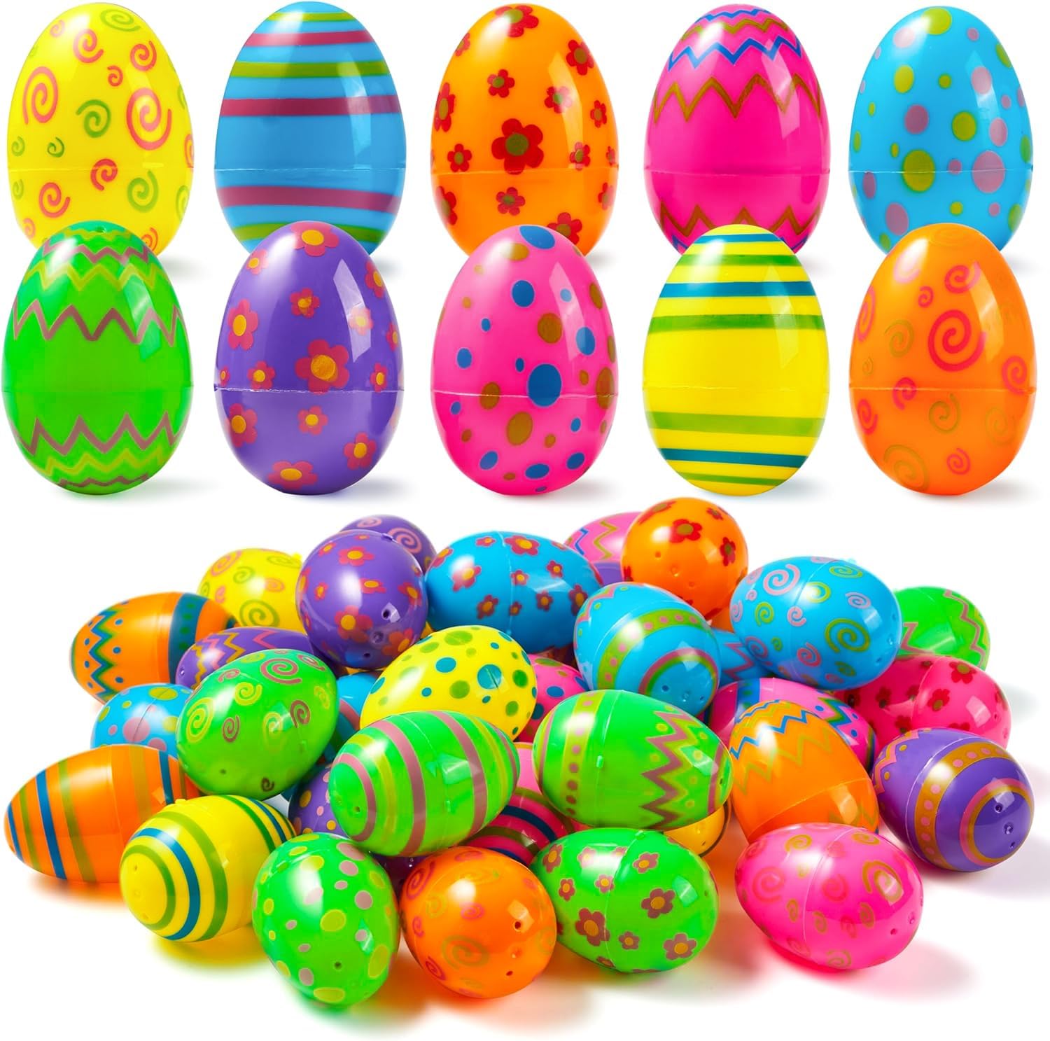 JOYIN 36-pack printed plastic eggs in bright colors for Easter egg hunts.