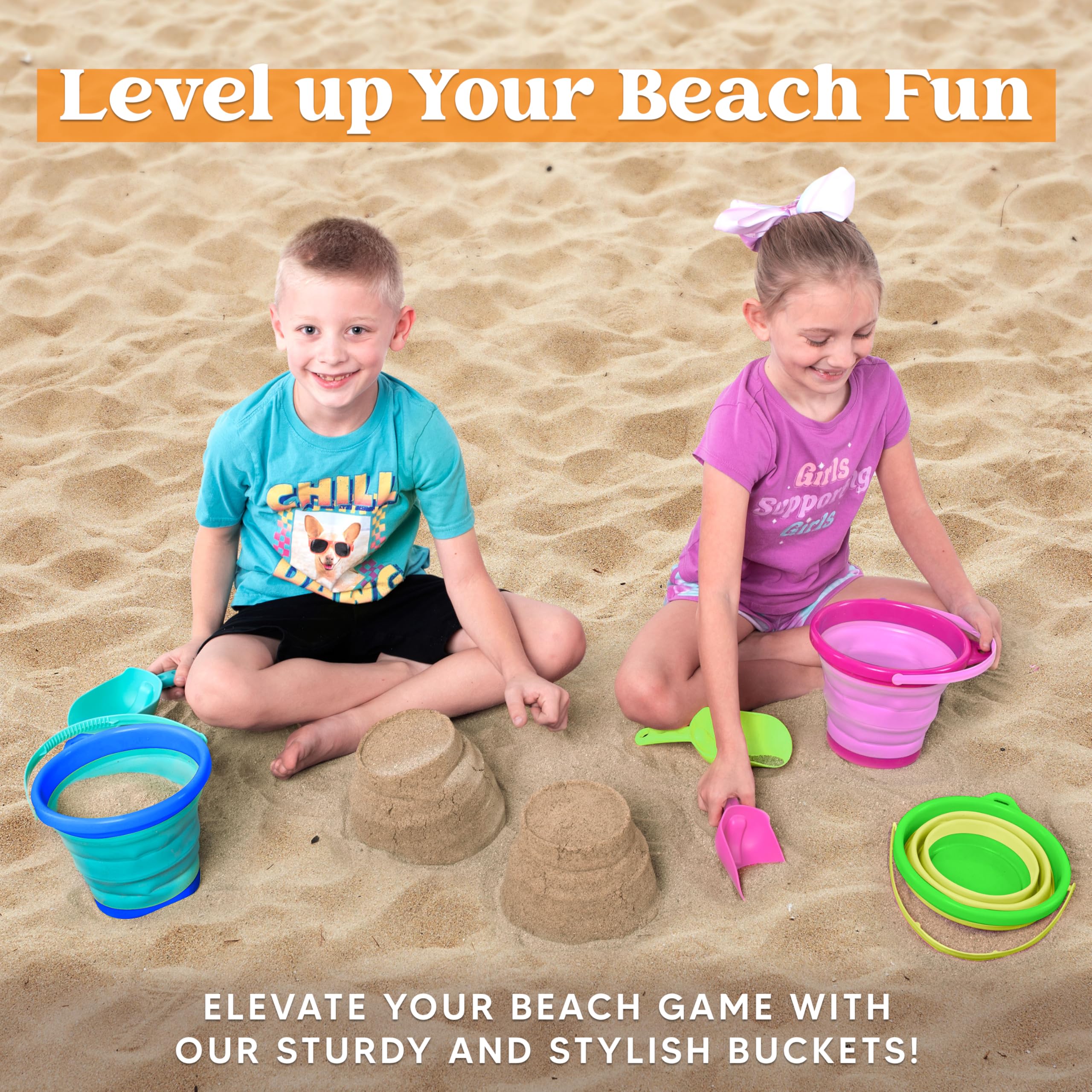 JOYIN beach party scene with vibrant pails enabling fun games