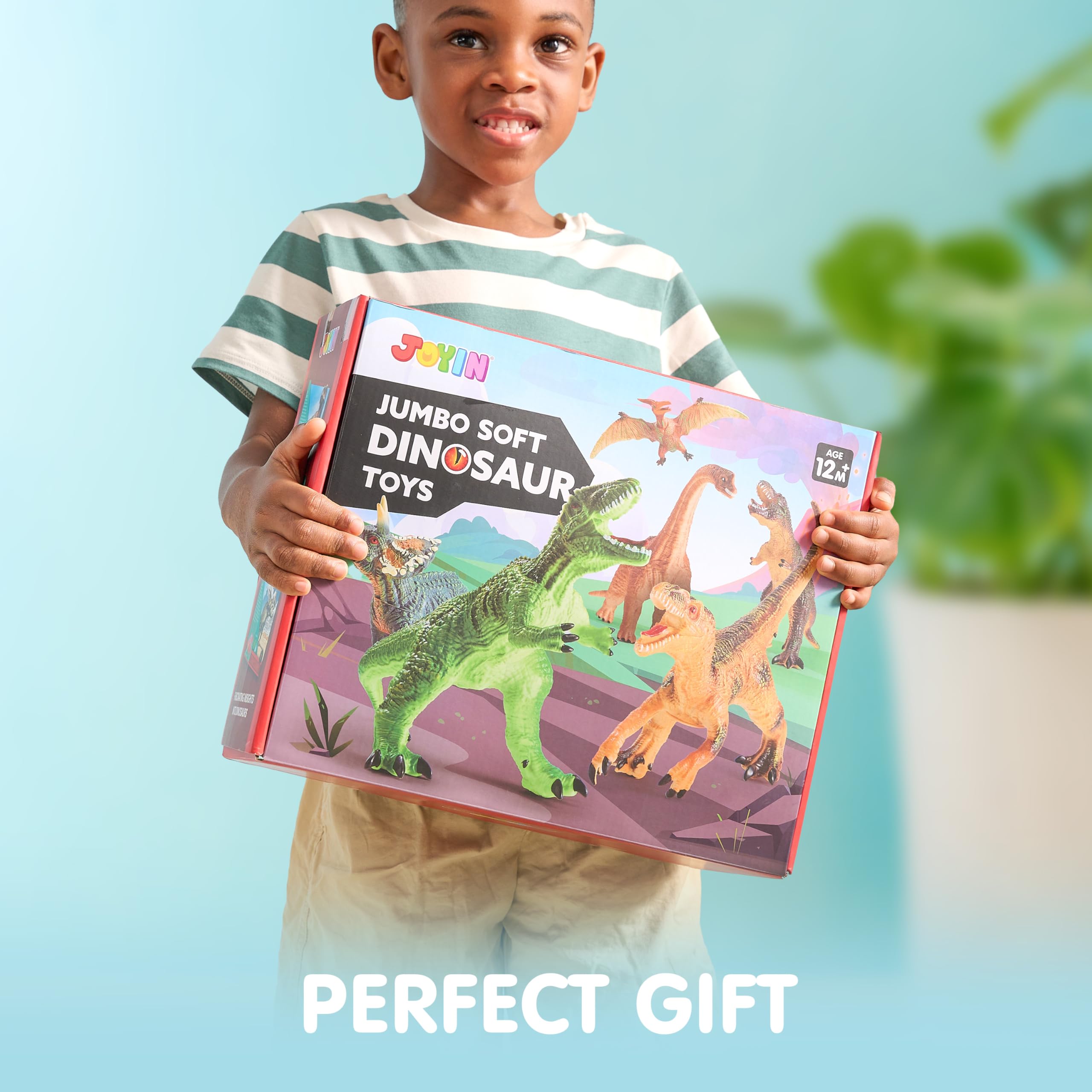 JOYIN Kids playing with dinosaur figures in a pretend prehistoric world.