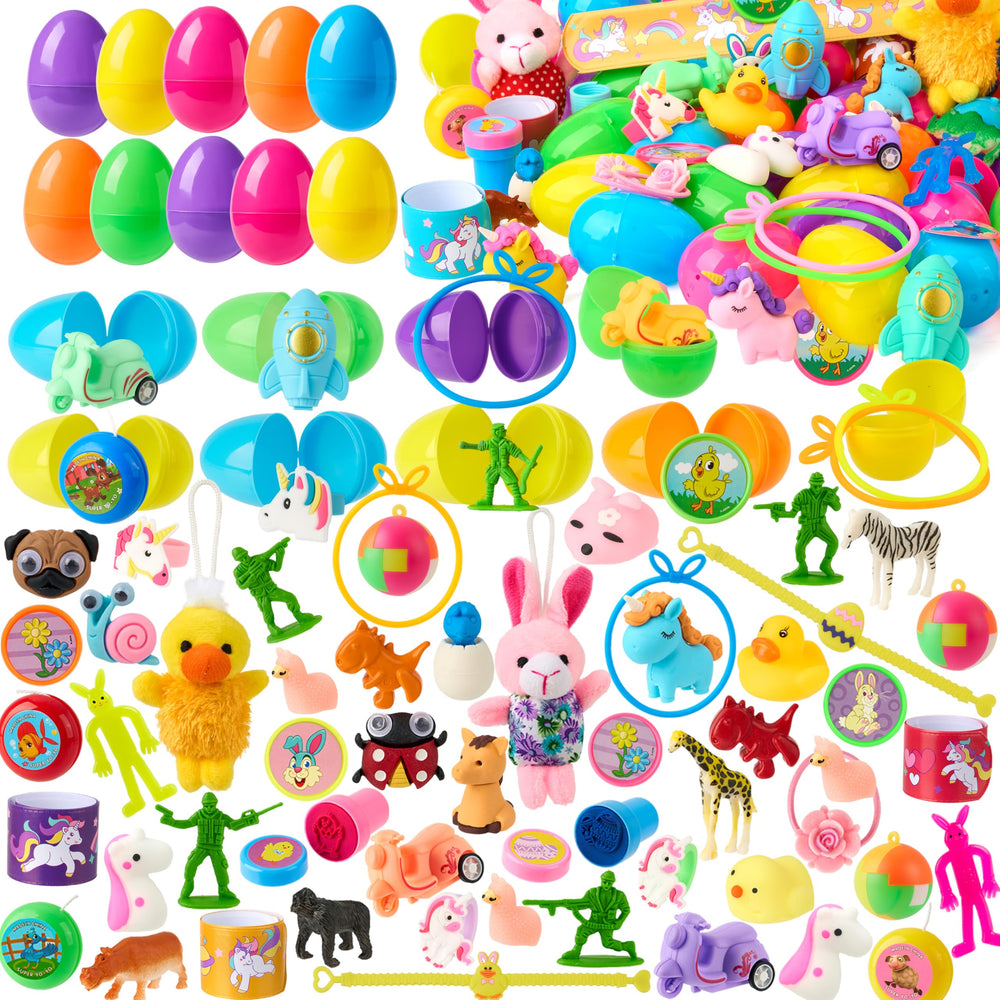 JOYIN colorful hinged 2.2 inch eggs open to reveal toys and stickers.