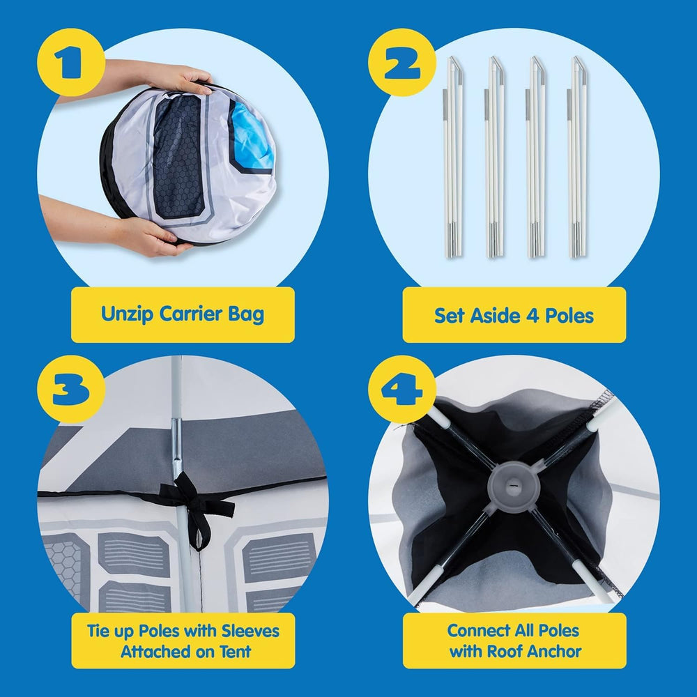 JOYIN rocket ship play tent tote included for easy transport and organization.
