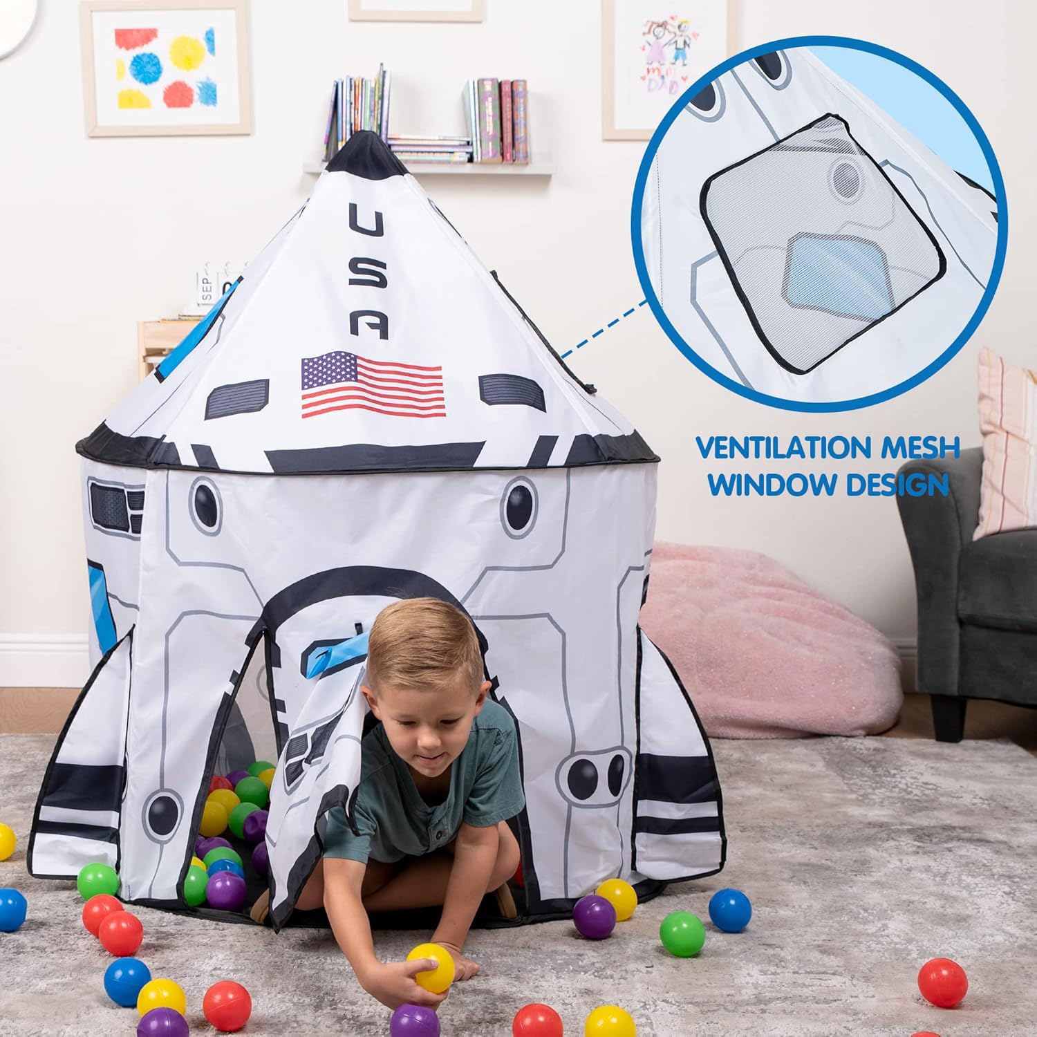 JOYIN rocket ship play tent open entrance for imaginative play indoors.