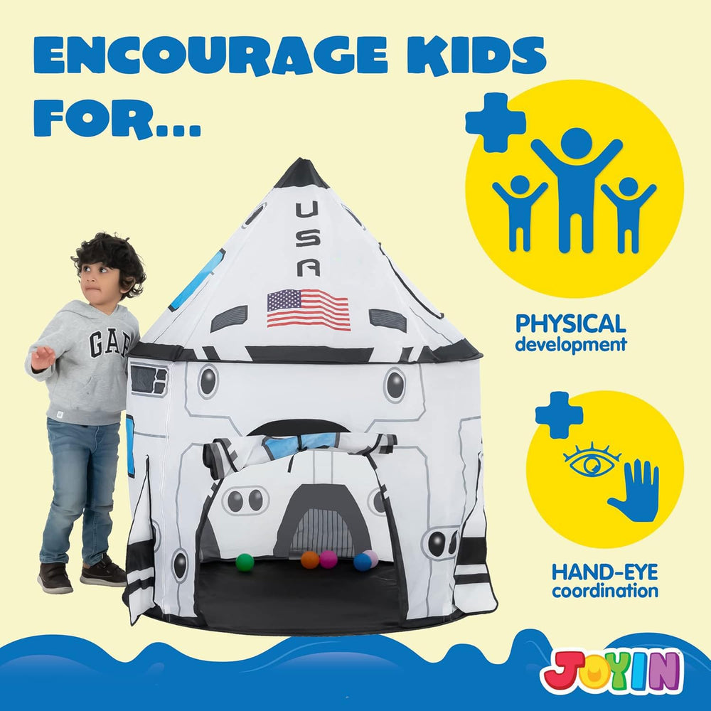 JOYIN rocket ship play tent packaged for store and travel ready.