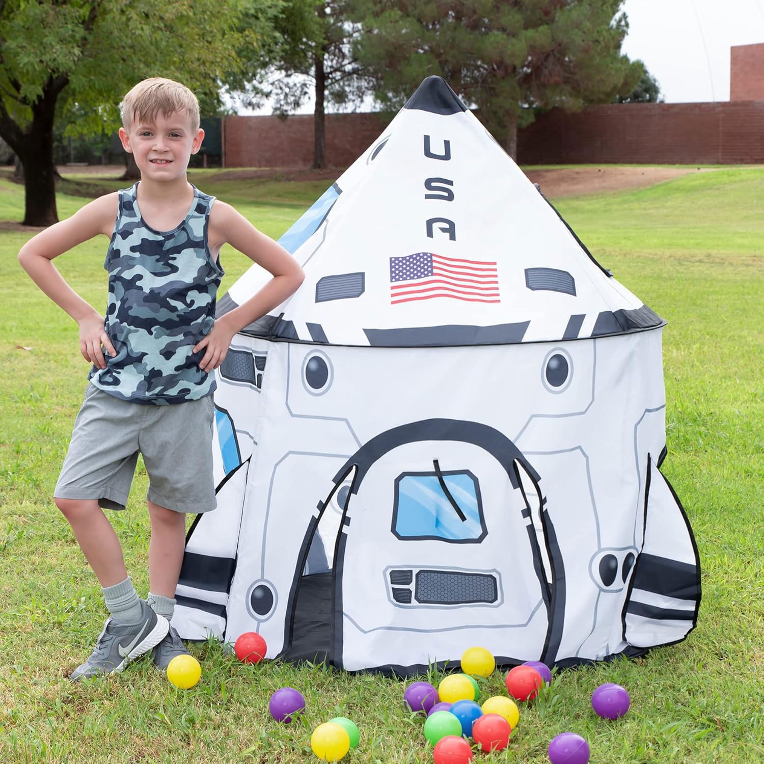 JOYIN rocket ship play tent pole assembly in progress for quick launch.