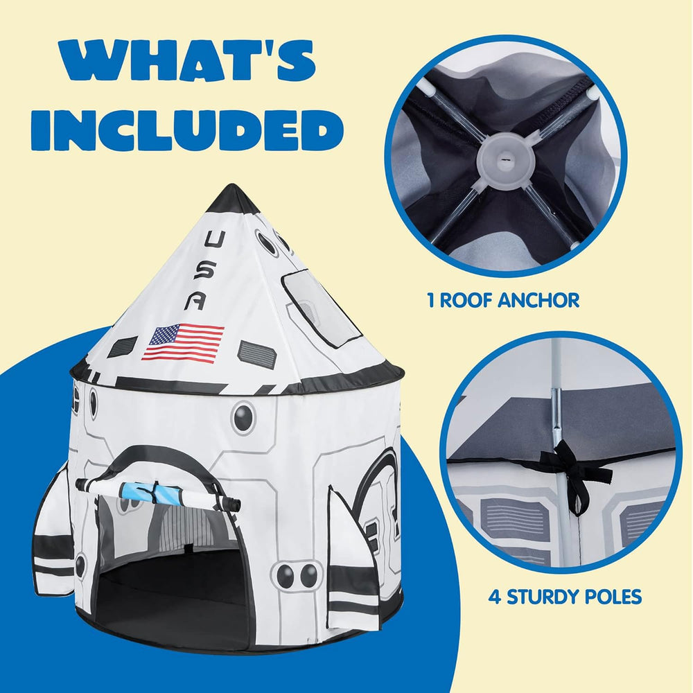 JOYIN rocket ship play tent water-resistant fabric easy to wipe clean.