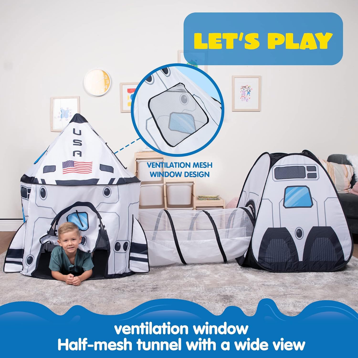 JOYIN White Rocket Ship Pop Up Tent playhouse cube tent creates compact indoor play nook