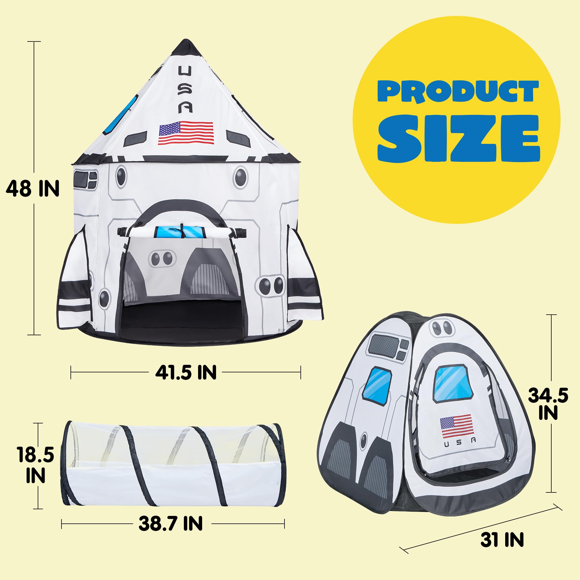JOYIN White Rocket Ship Pop Up Tent roof and floor anchors stabilize on outdoor surfaces