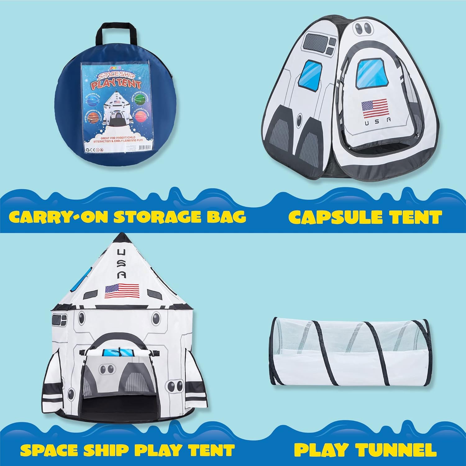 JOYIN White Rocket Ship Pop Up Tent tunnel connects play areas for active exploration