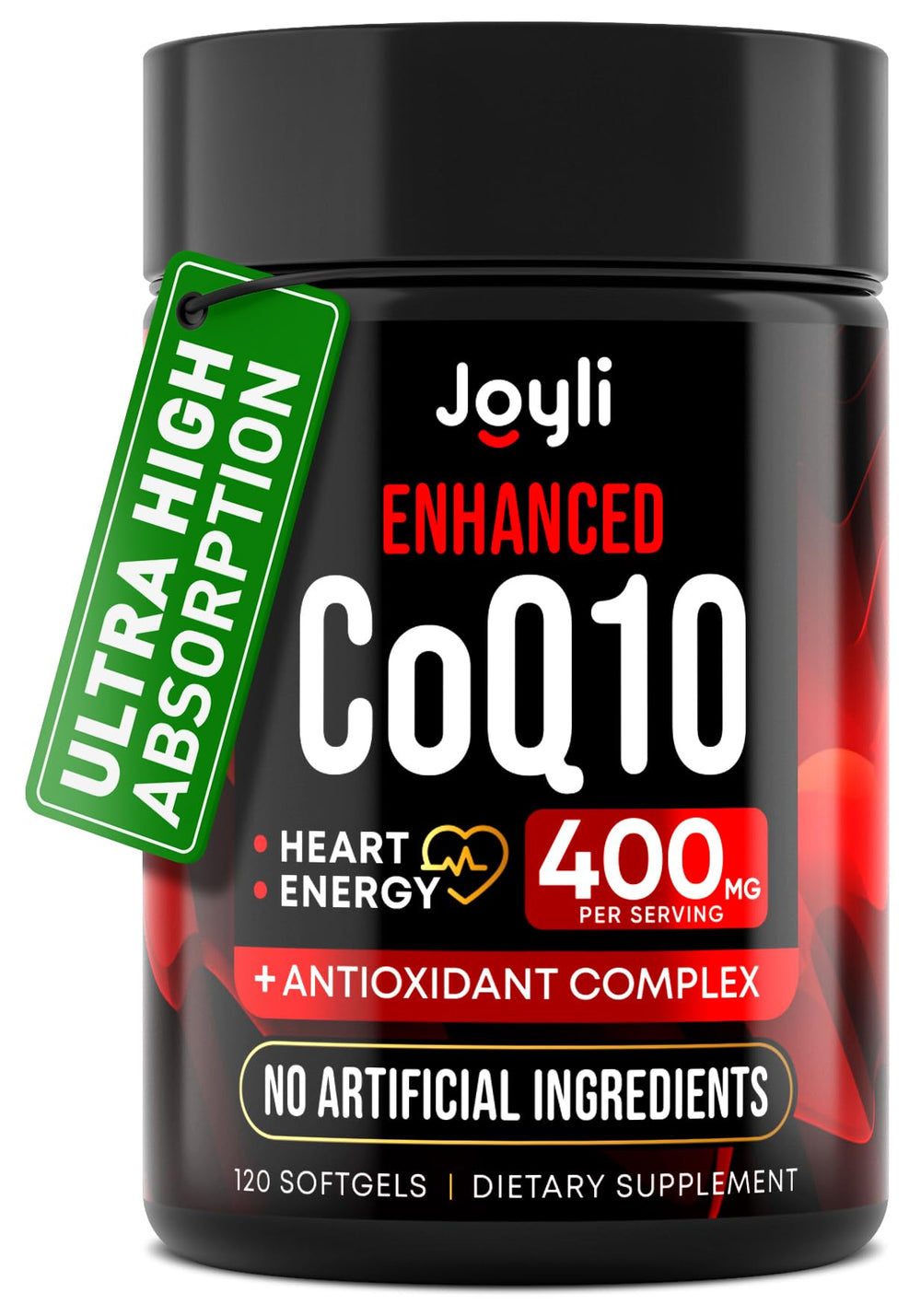 JOYLI Nutrition CoQ10 400 mg softgels bottle visible for daily circulatory support potential.