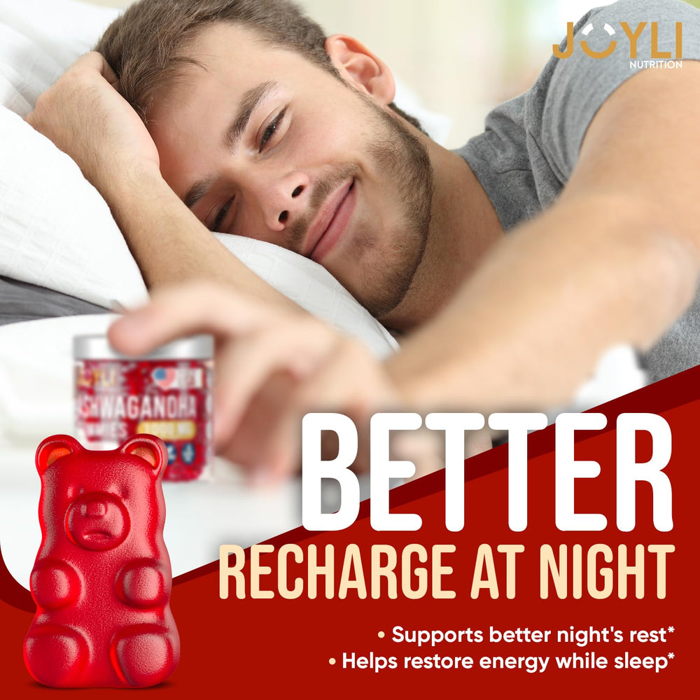 JOYLI Ashwagandha gummies close-up of label showing 1000mg adaptogens for mood balance