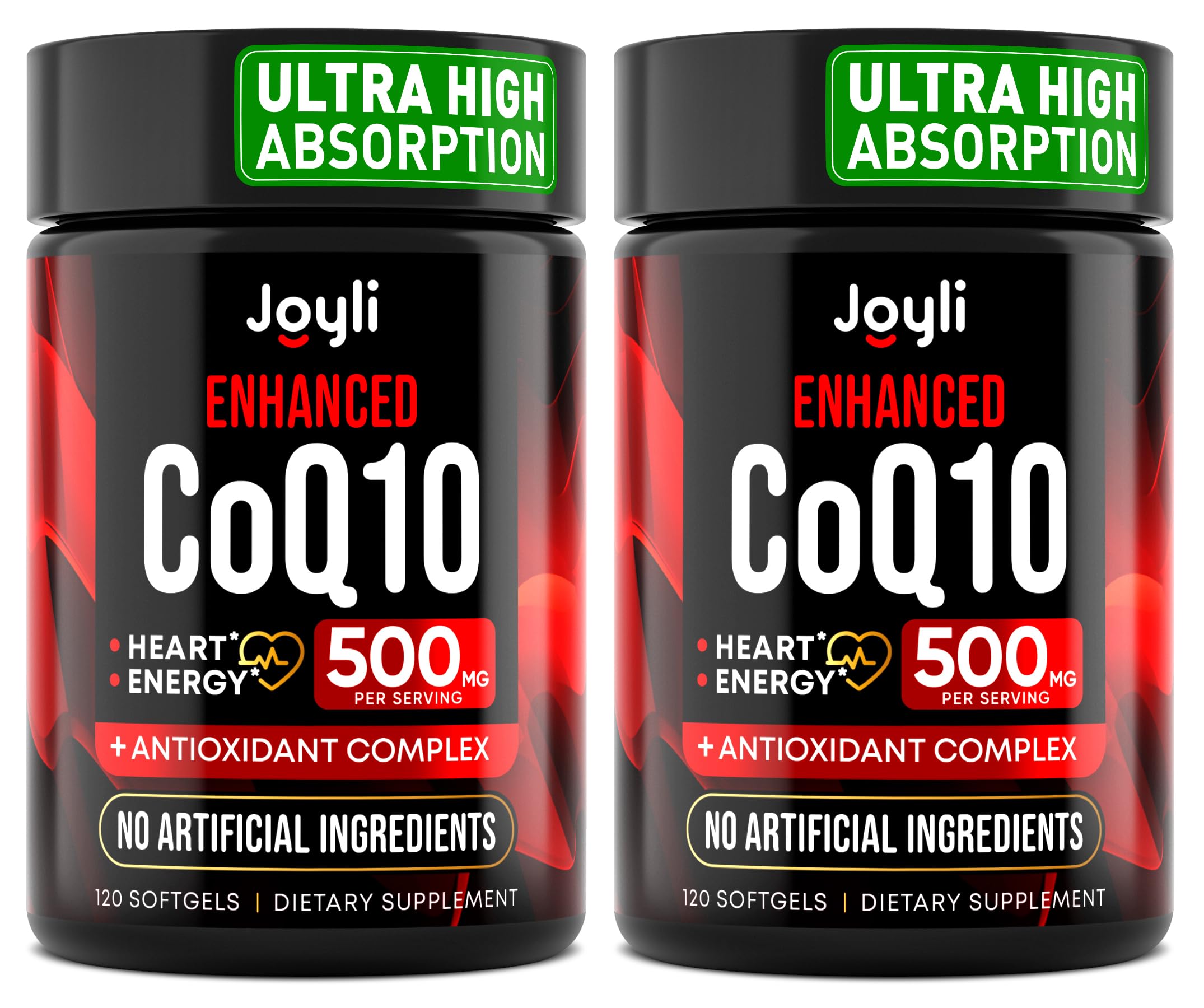 JOYLI Nutrition CoQ10 500mg two-pack bottle front view highlighting daily energy support