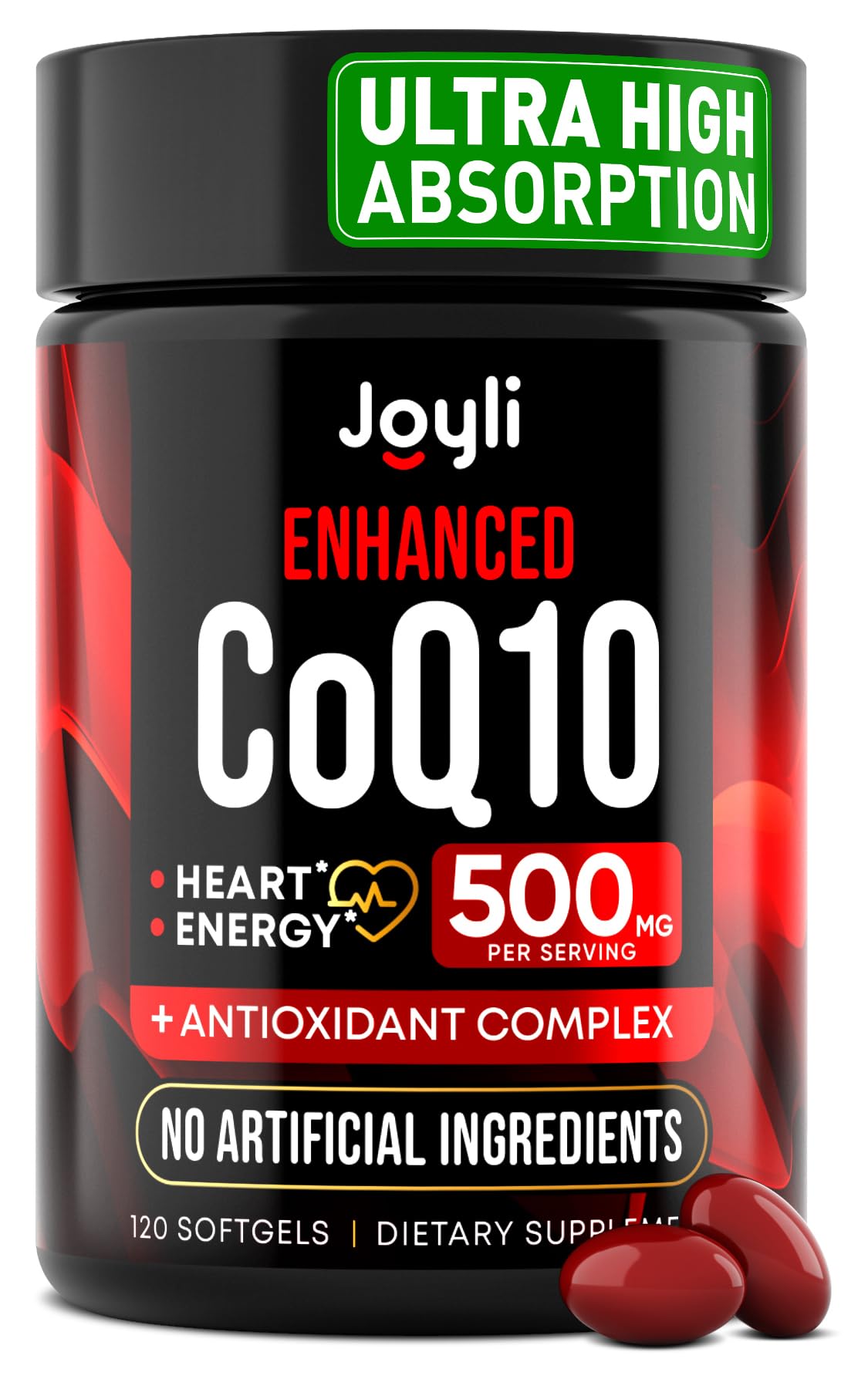 JOYLI Nutrition CoQ10 500mg bottle on a shelf, supports heart health.
