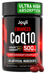 JOYLI Nutrition CoQ10 500mg bottle on a shelf, supports heart health.