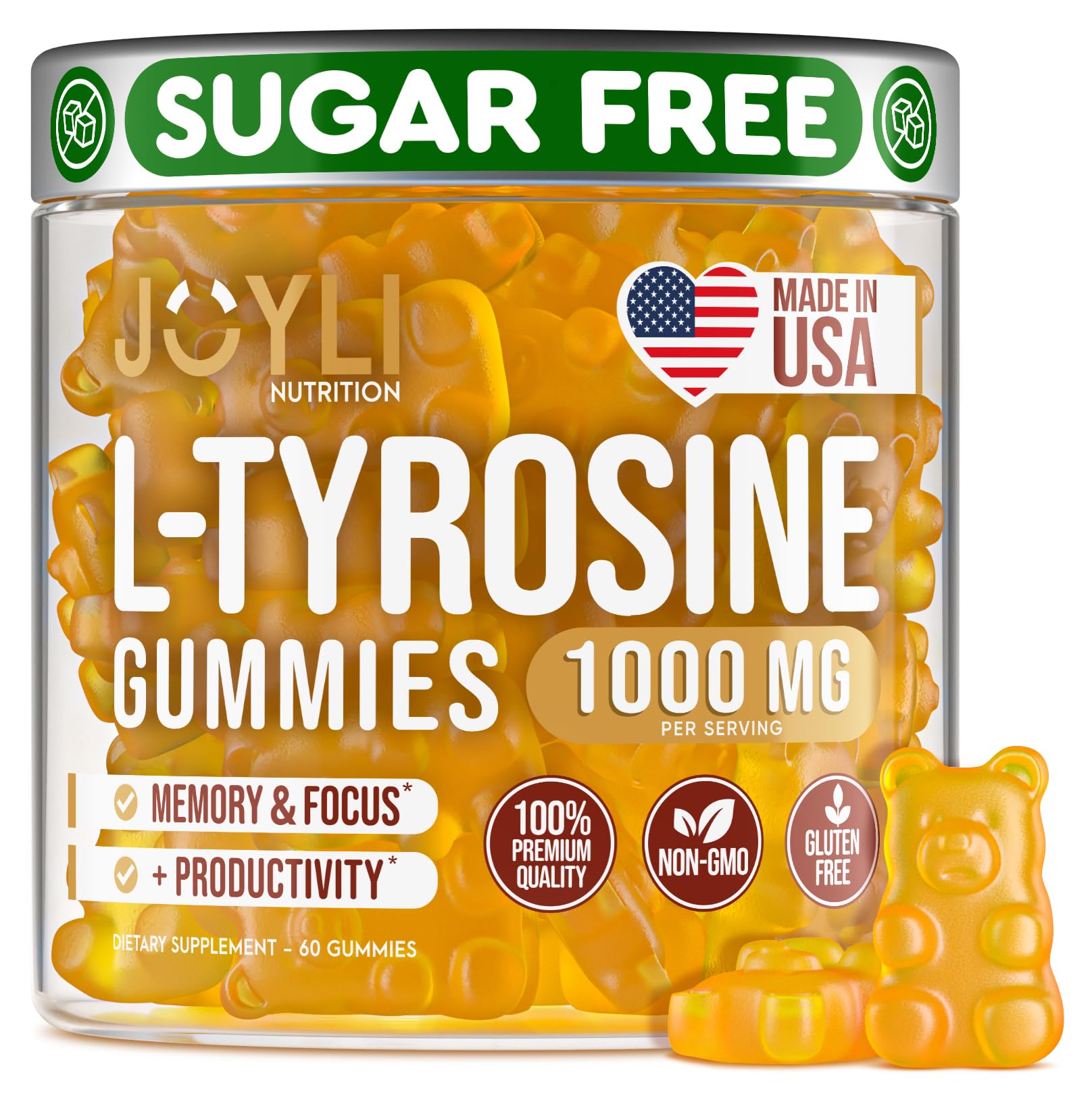 Joyli L Tyrosine Gummies bottle—vegan, sugar-free, designed for calm focus.