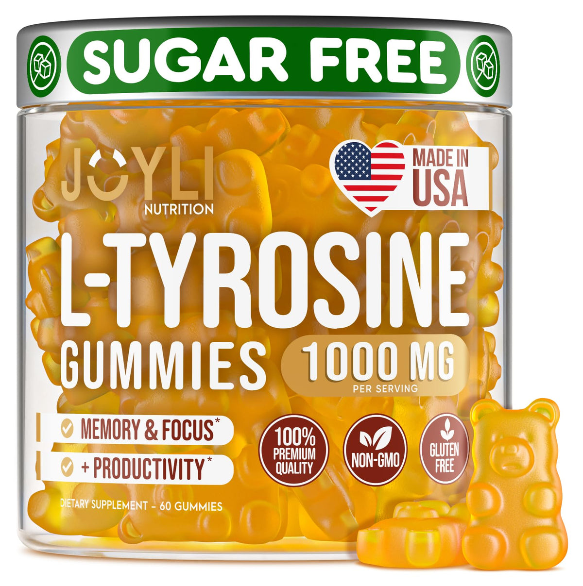 Joyli L Tyrosine Gummies bottle—vegan, sugar-free, designed for calm focus.