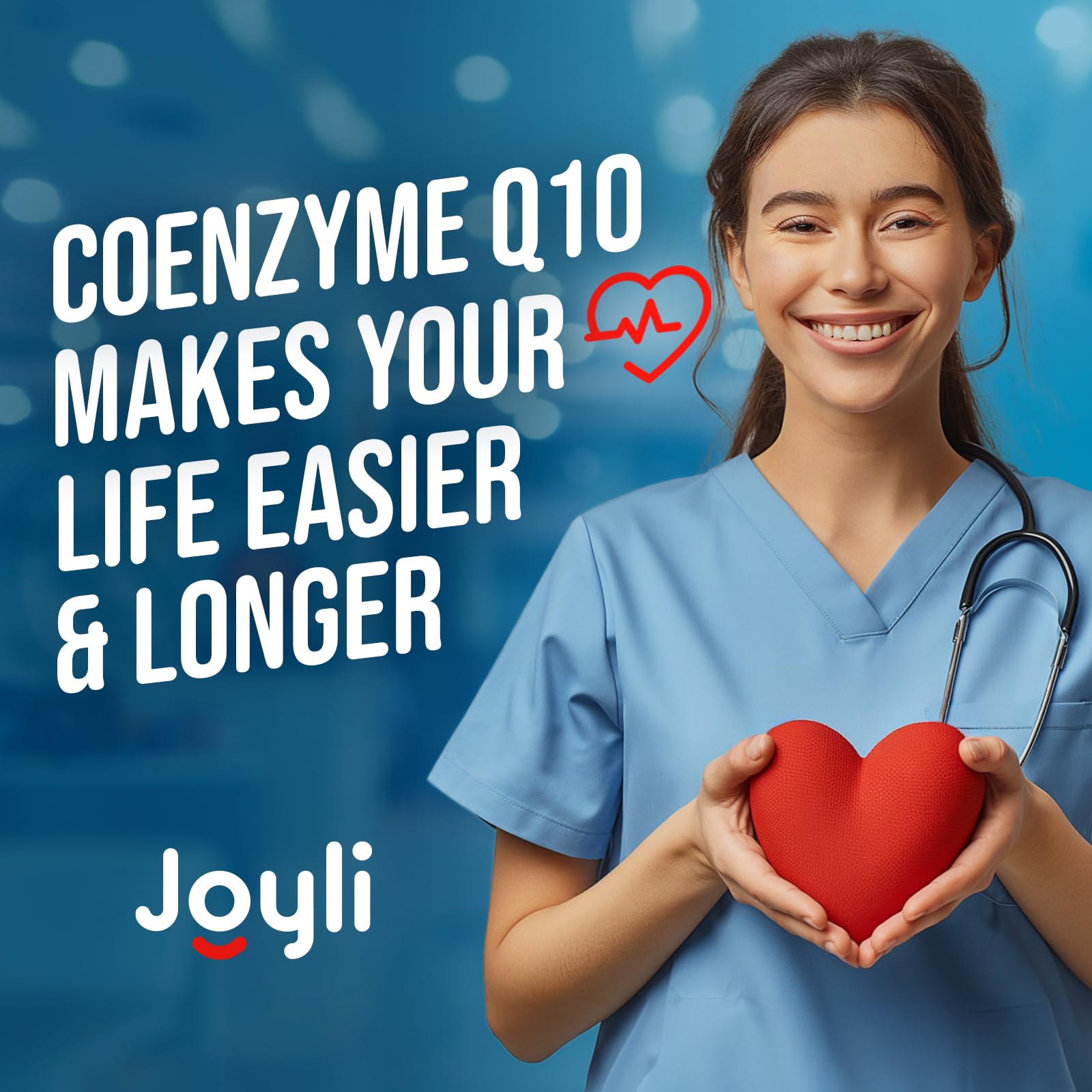 JOYLI CoQ10 bottle label close-up, gluten-free and GMO-free quality.