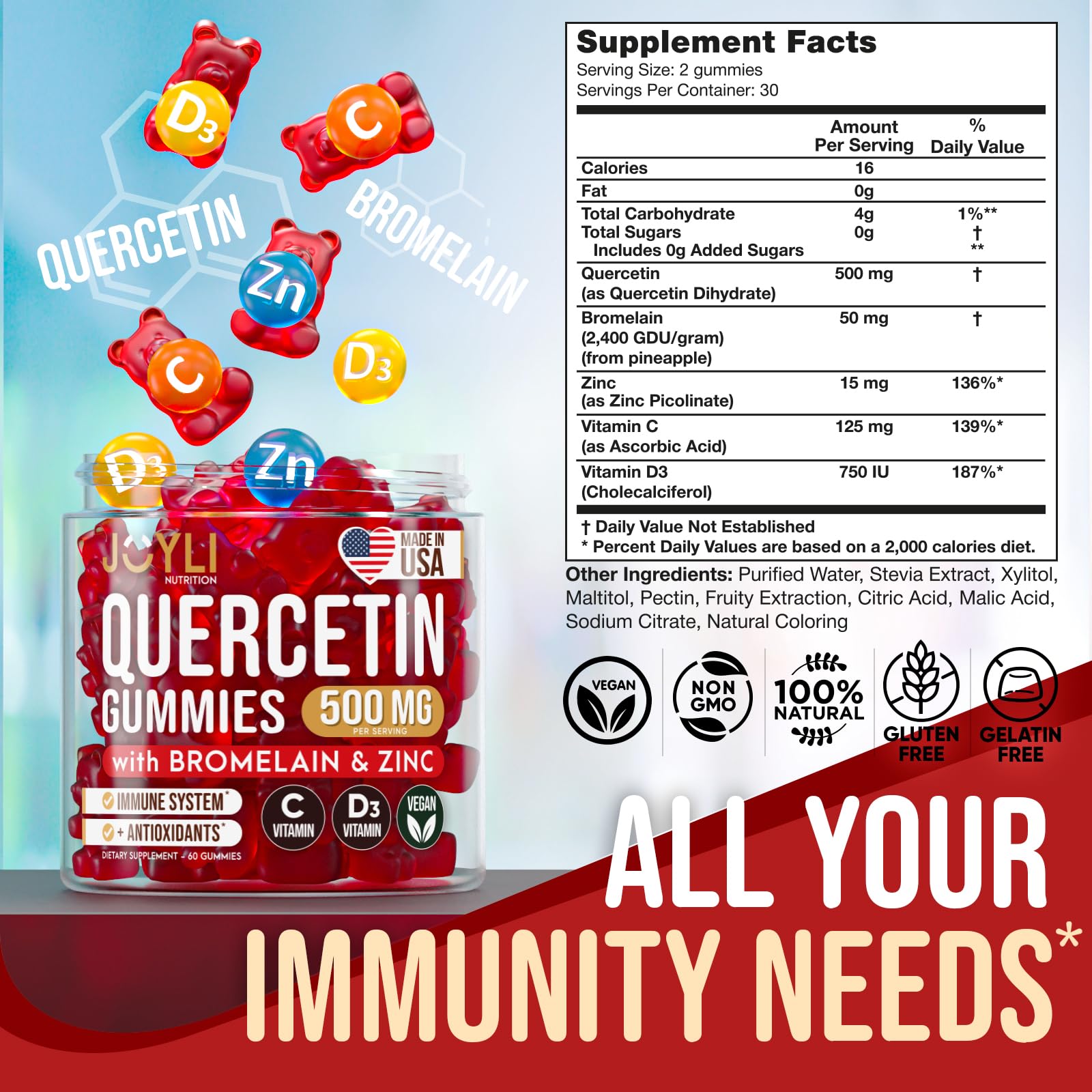 JOYLI Quercetin Gummies label highlights bromelain, zinc, and essential vitamins.