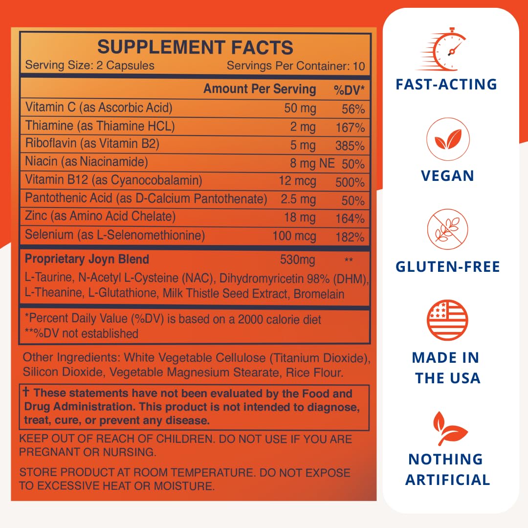 JOYN ingredients panel highlights DHM, milk thistle, and glutathione for detox synergy.