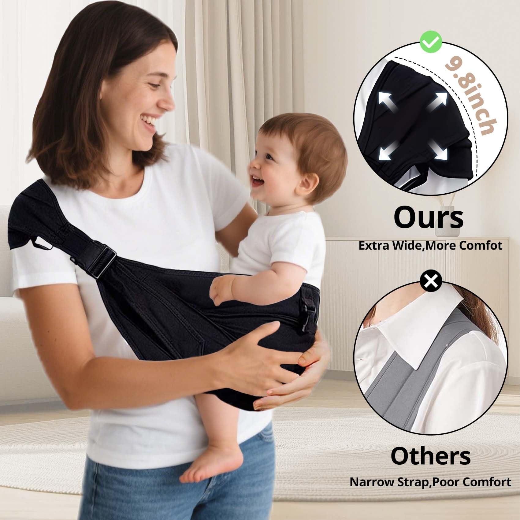 JOYNCLEON baby sling ergonomic strap detail highlights wide support for caregiver comfort.