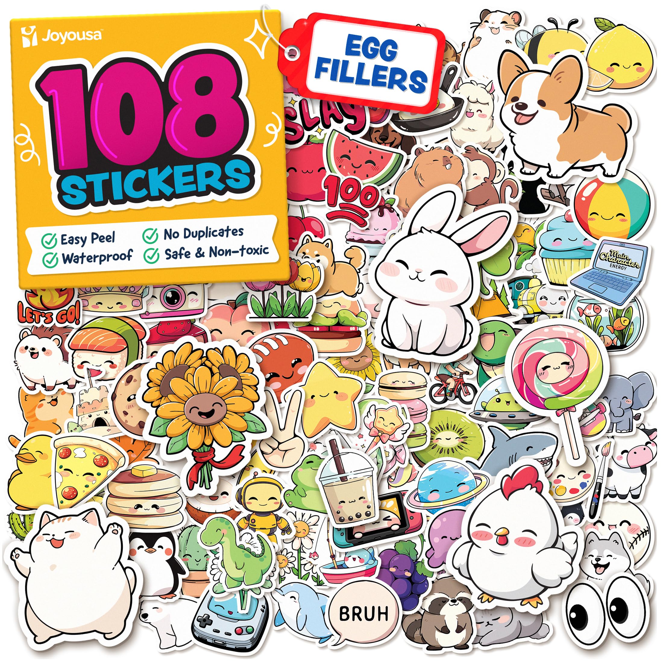 Joyousa kawaii water bottle stickers 108pc pack; vibrant designs for easy school identification.
