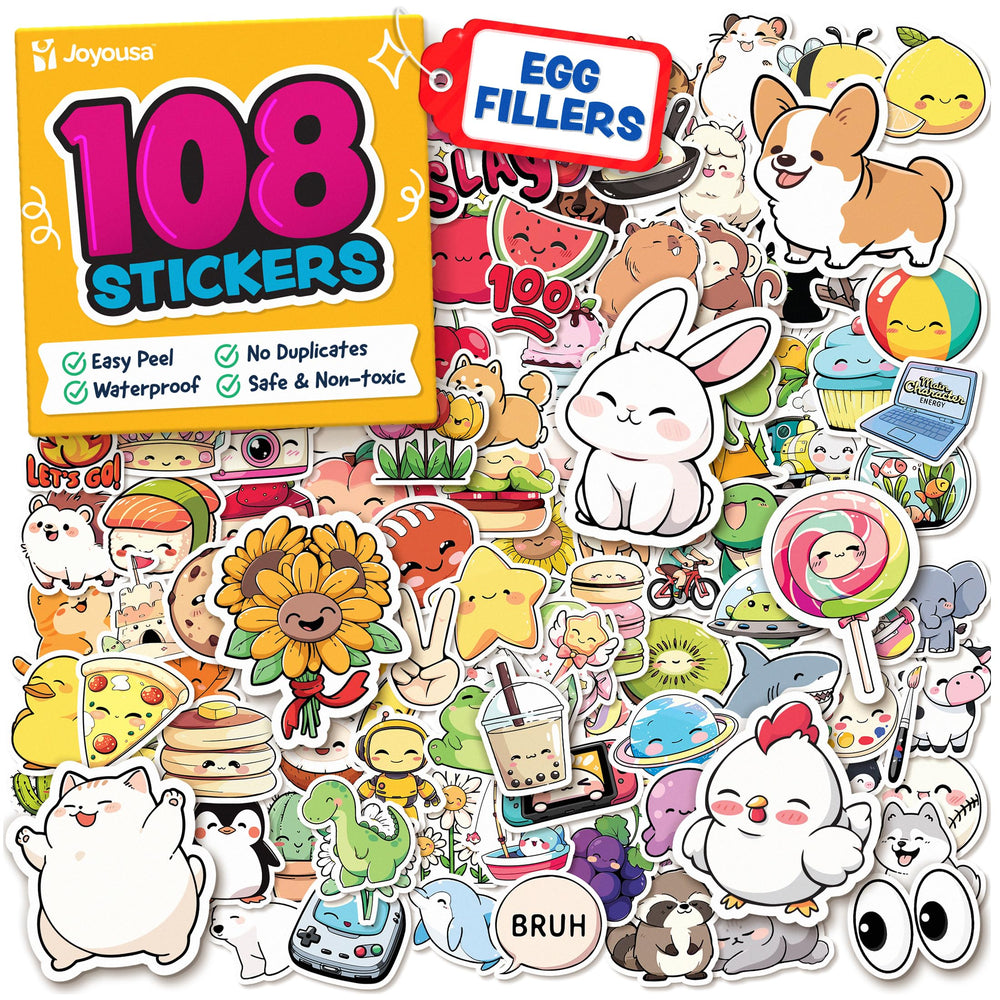 Joyousa kawaii water bottle stickers 108pc pack; vibrant designs for easy school identification.