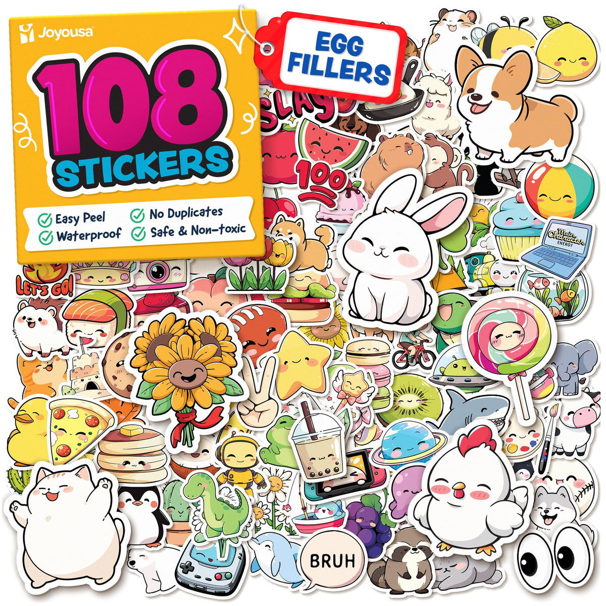Joyousa kawaii water bottle stickers 108pc pack; vibrant designs for easy school identification.