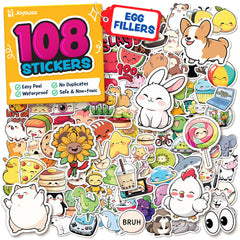 Joyousa kawaii water bottle stickers 108pc pack; vibrant designs for easy school identification.