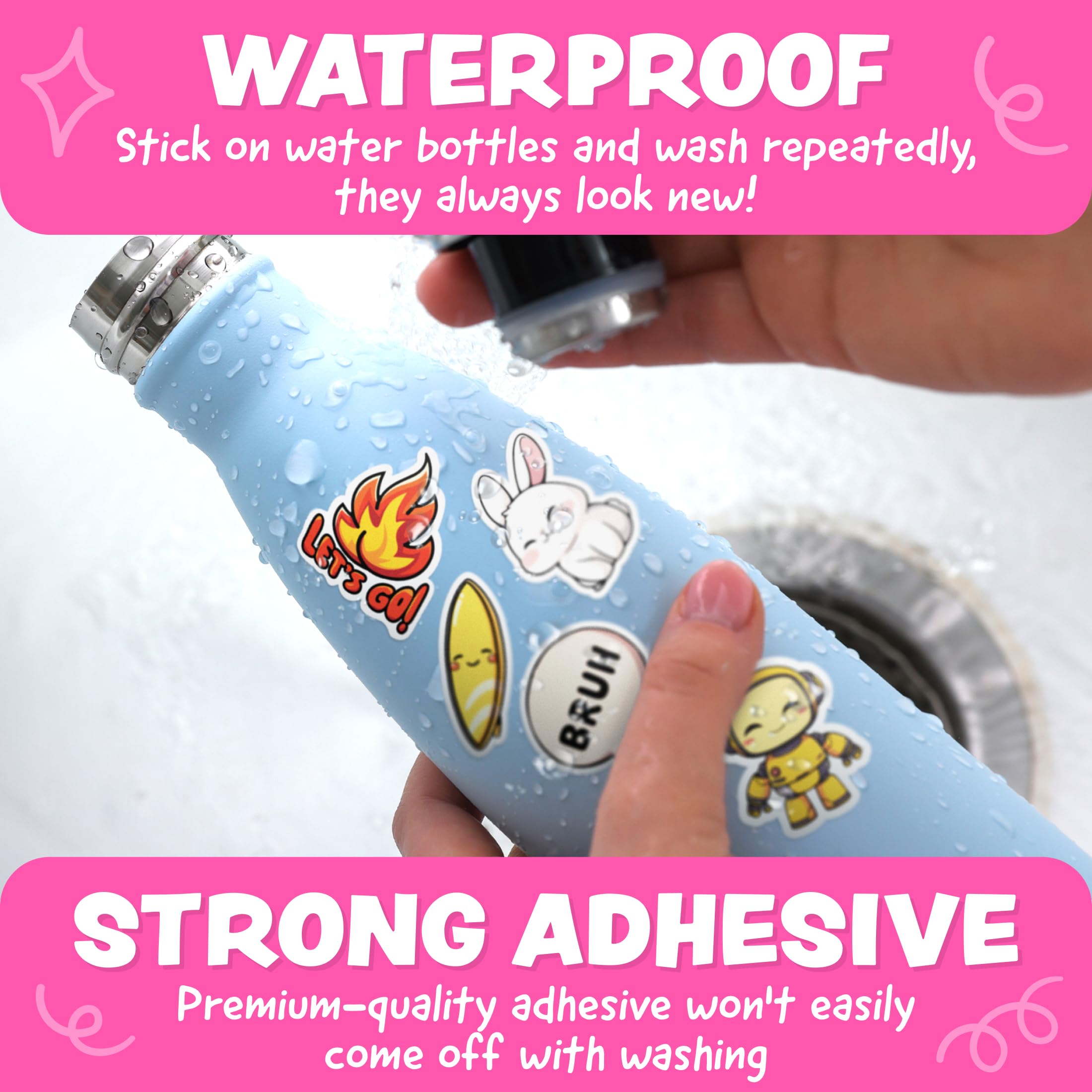 Joyousa reusable vinyl stickers; easy to reposition on notebooks, tablets, and water bottles.
