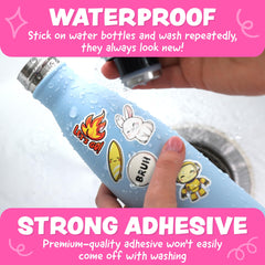 Joyousa reusable vinyl stickers; easy to reposition on notebooks, tablets, and water bottles.