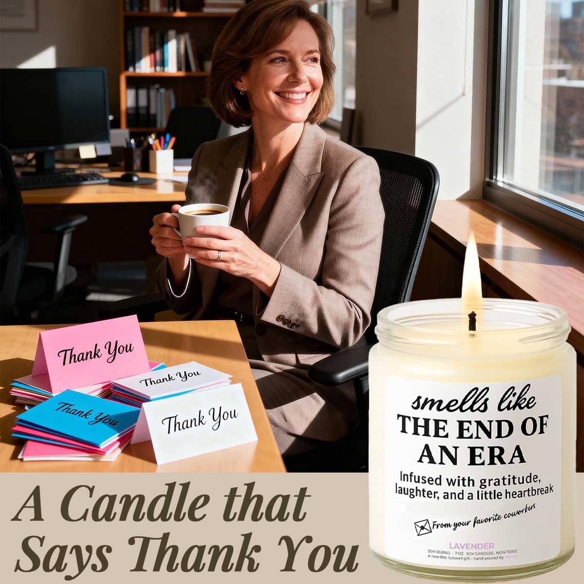 Joyqua retirement candle coworker gift scene depicts warm farewell sentiment.
