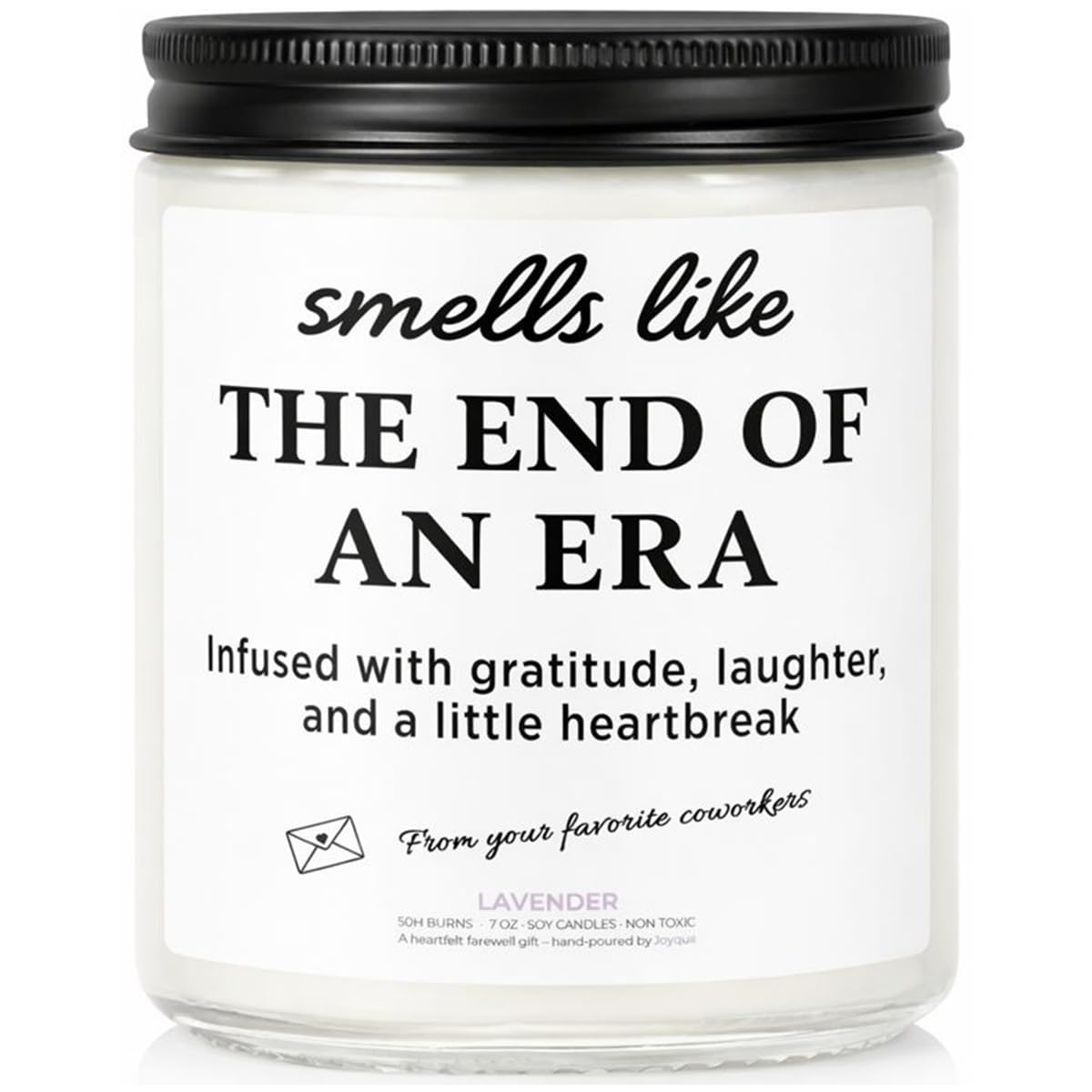 Joyqua retirement lavender candle front view showcases elegant packaging for coworker gifts.