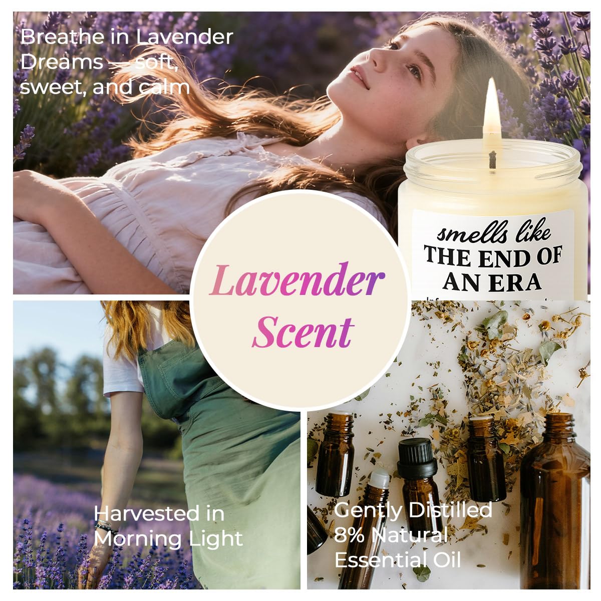 Joyqua retirement lavender candle scent closeup conveys a calming lavender-vanilla aroma for stress-free transitions.
