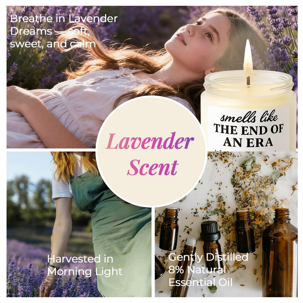 Joyqua retirement lavender candle scent closeup conveys a calming lavender-vanilla aroma for stress-free transitions.