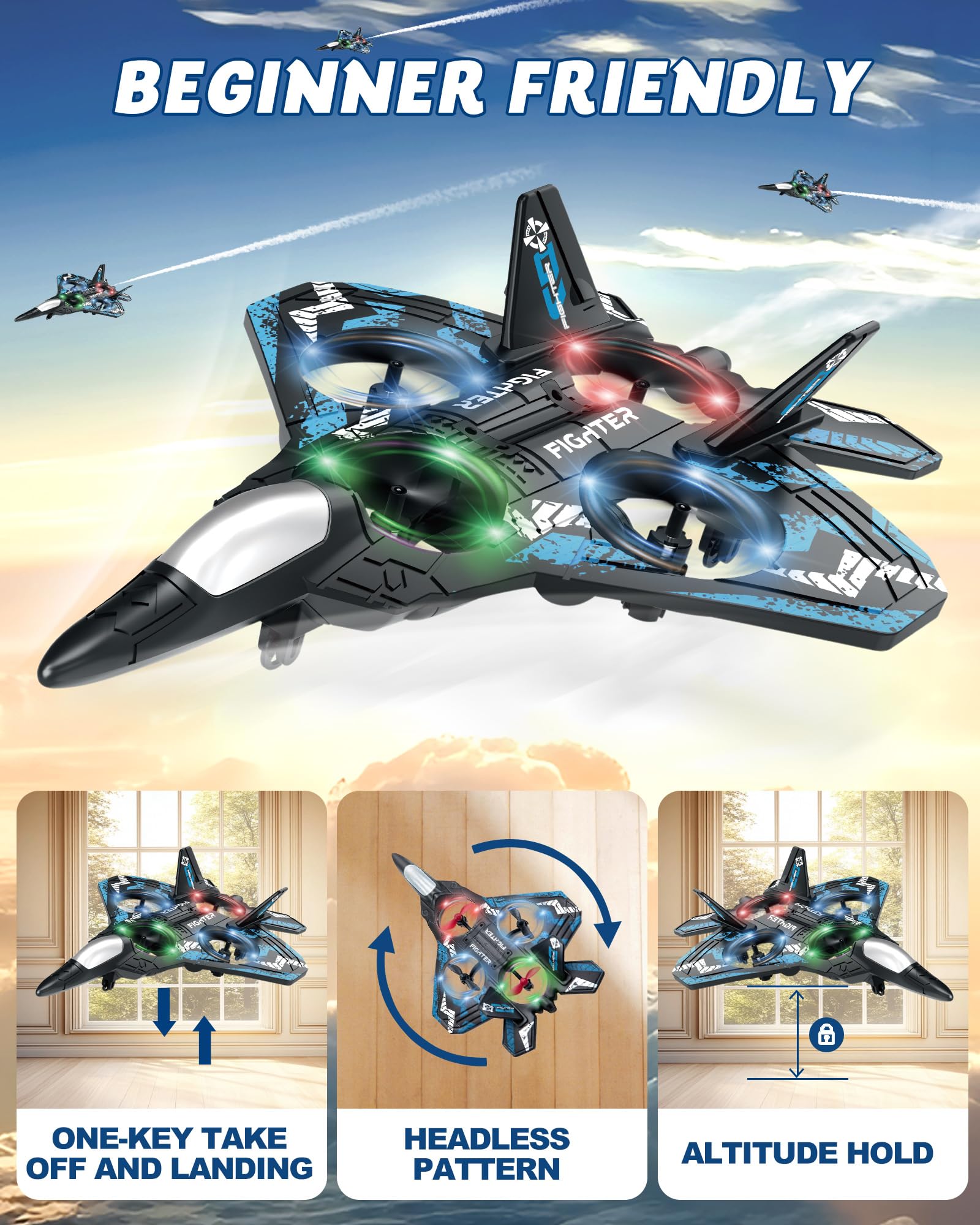 JoyRapt Drones LED night flight lights enhance visibility for evening play.