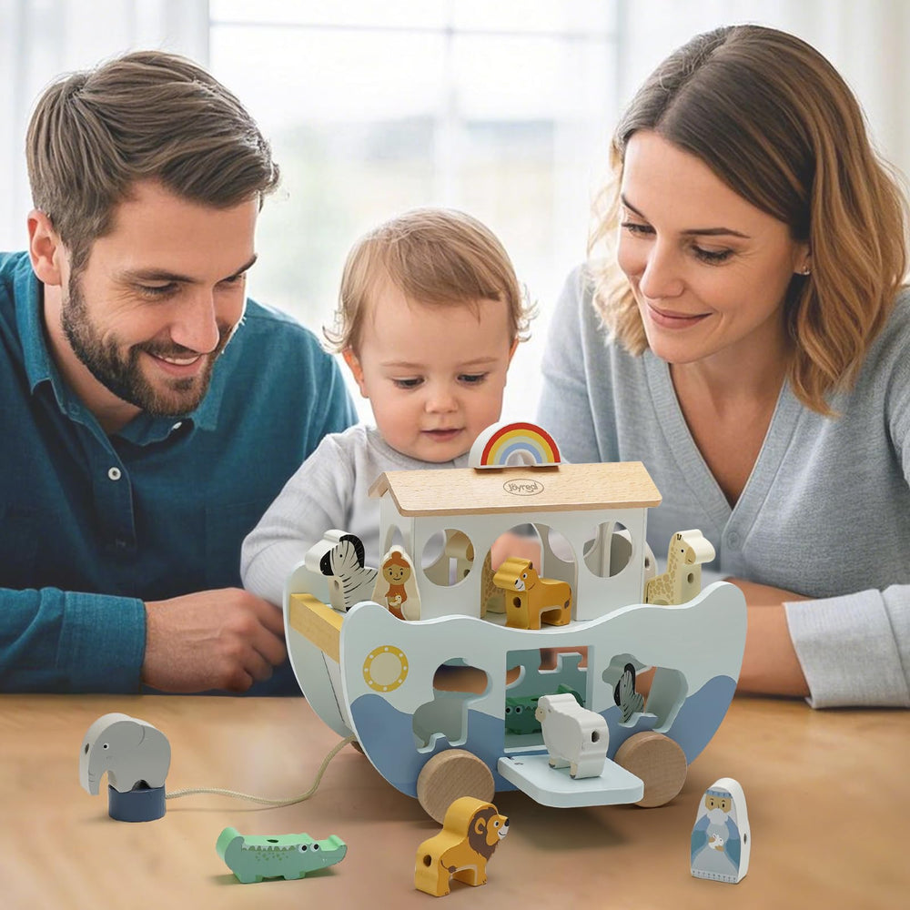Joyreal Noah figure engaged in gentle Bible-based role-play.