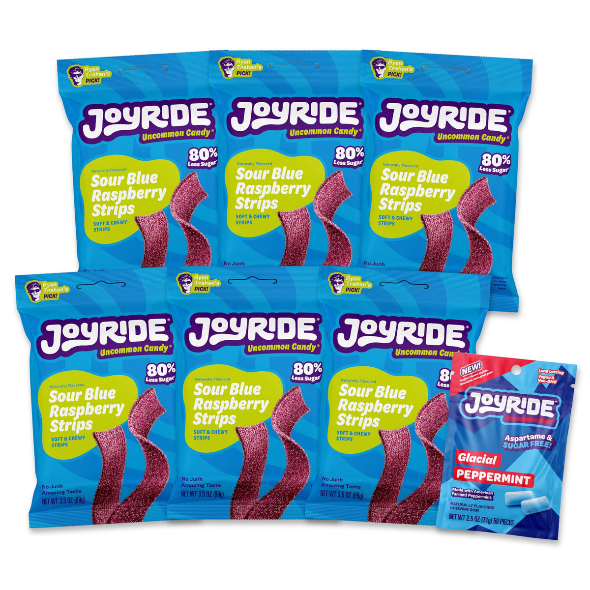 JOYRIDE Blue Raspberry Sour Strips bundle front view for convenient tangy snacking