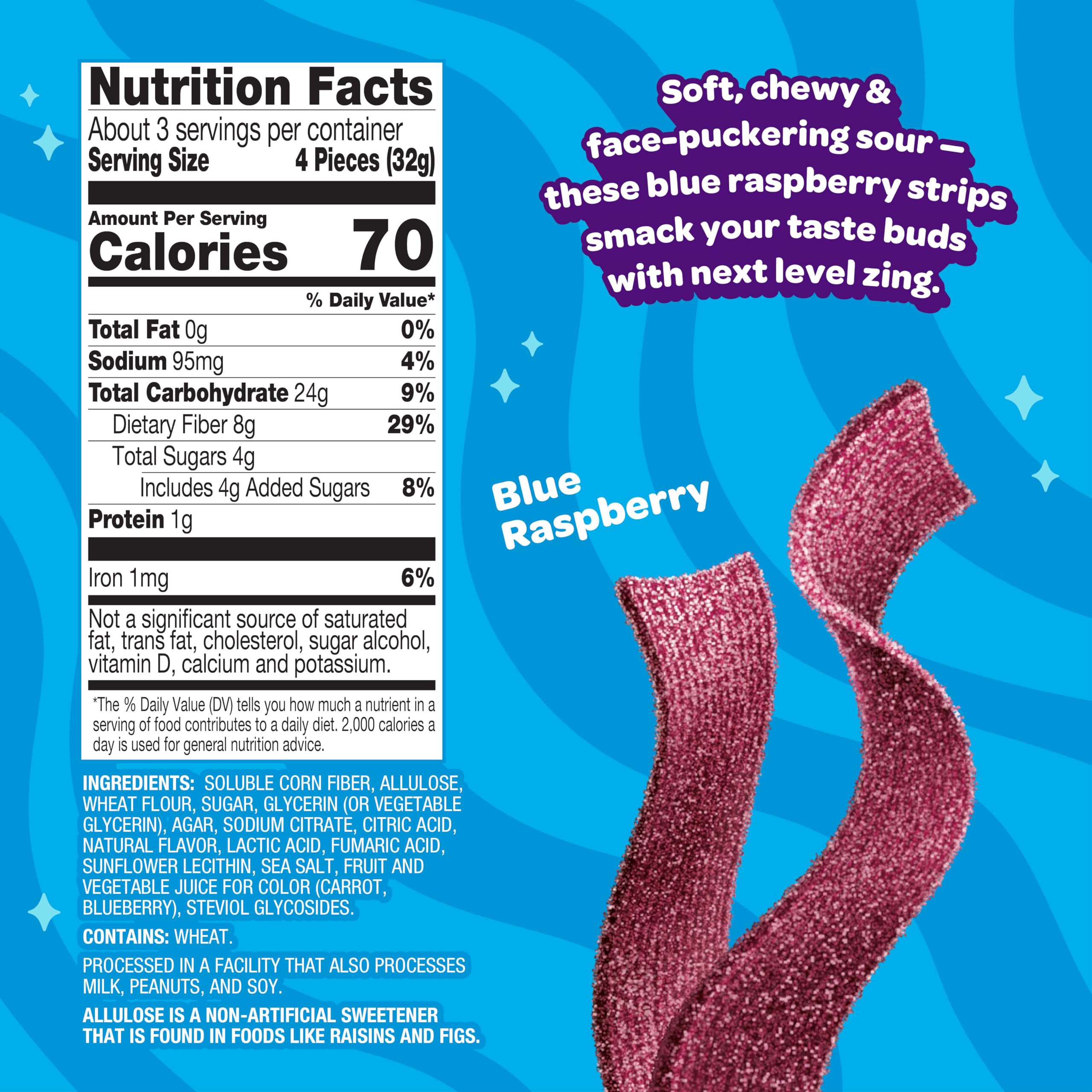 JOYRIDE Sour Strips texture close-up highlighting chewy blue raspberry flavor
