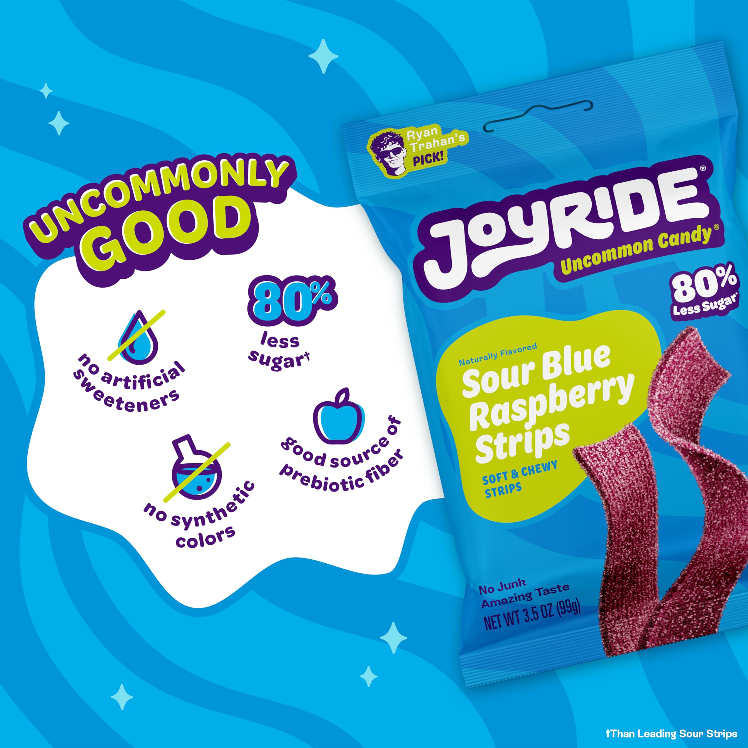 JOYRIDE nutrition panel highlights 4g sugar, 9g net carbs, 8g fiber, 70 calories
