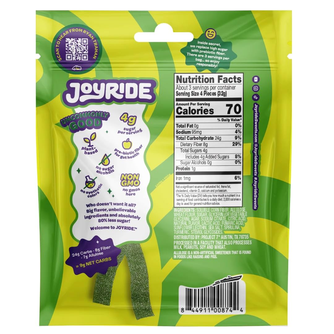 Joyride Sour Green Apple Strips close-up revealing tangy flavor and chewy texture